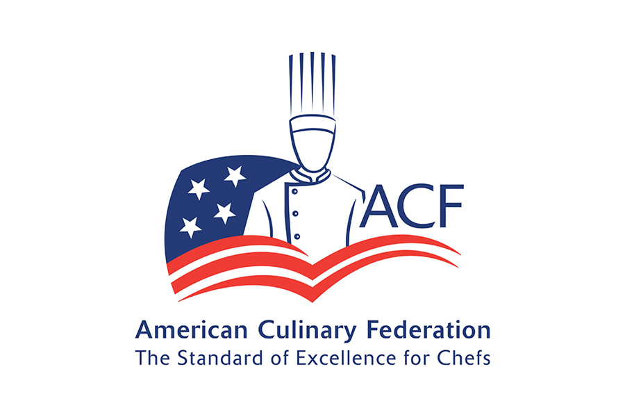 American Culinary Federation (ACF) logo featuring a chef figure, a blue-and-red shield with stars, and an open-book motif. The text reads “American Culinary Federation” and “The Standard of Excellence for Chefs.”
