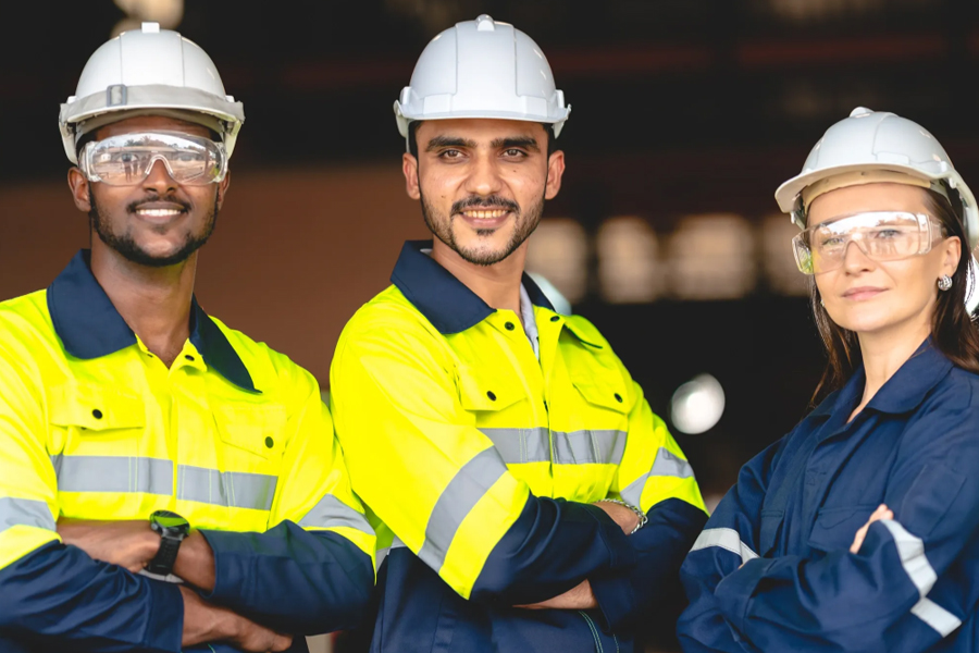 Three confident trades workers in white hard hats and safety glasses stand with arms crossed at an industrial job site, two wearing high-visibility yellow jackets and one in a navy coverall.